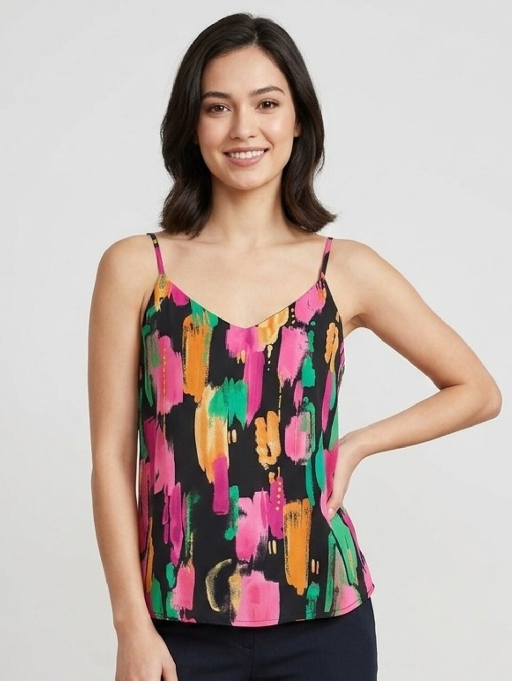 mine Abstract Brushstroke Spaghetti Strap Camisole - Black/Pink/Green/Orange